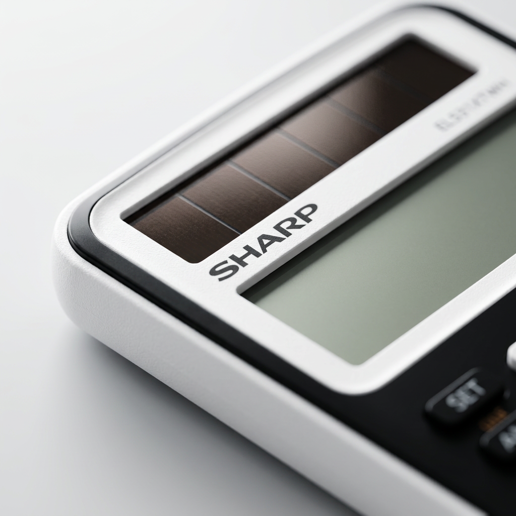 An extreme close-up photograph of the SHARP EL531XT scientific calculator. The image focuses on the top right corner, showcasing the individual solar panel cells and the 'SHARP' logo. The white casing and black buttons are rendered with high-fidelity textures and realistic lighting. The shallow depth of field blurs the rest of the device.