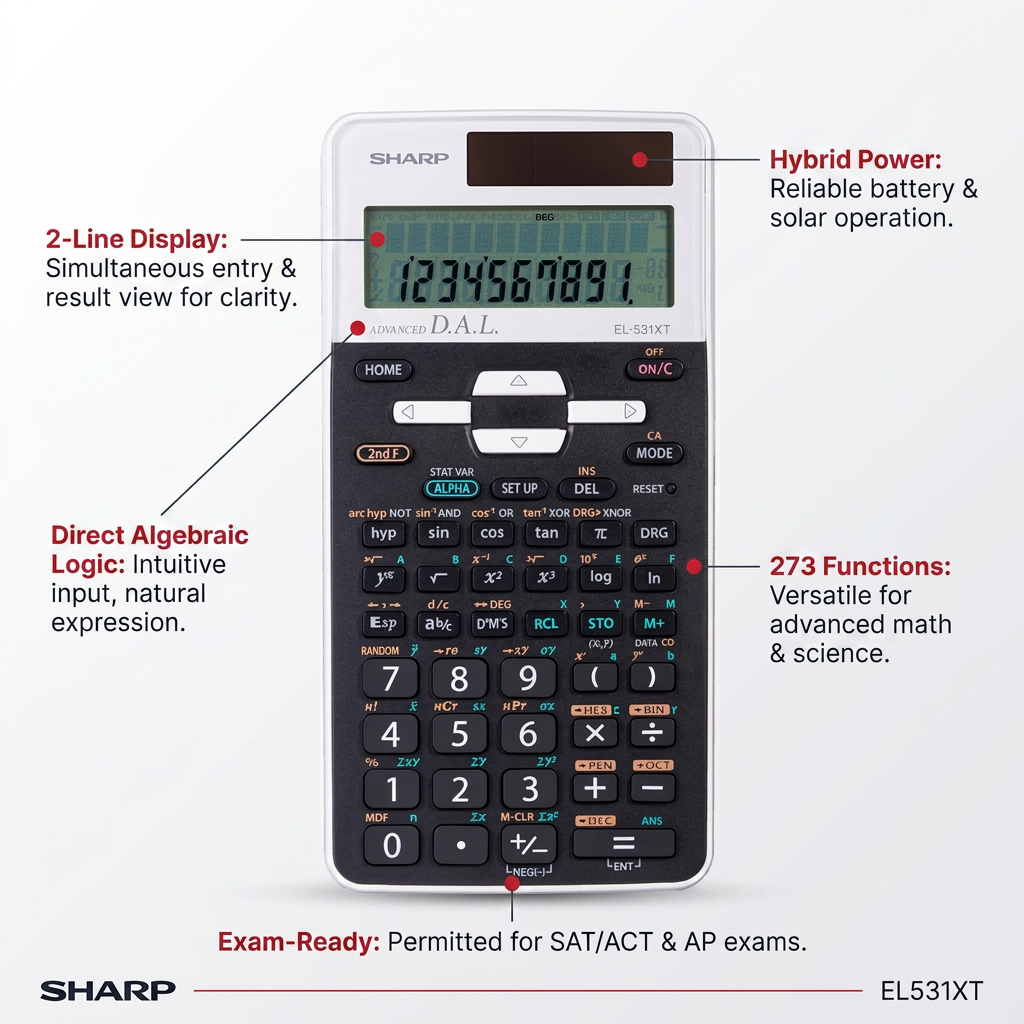 Here is the image, as requested. The PDP visual matrix highlights the operational features of the Sharp calculator.
