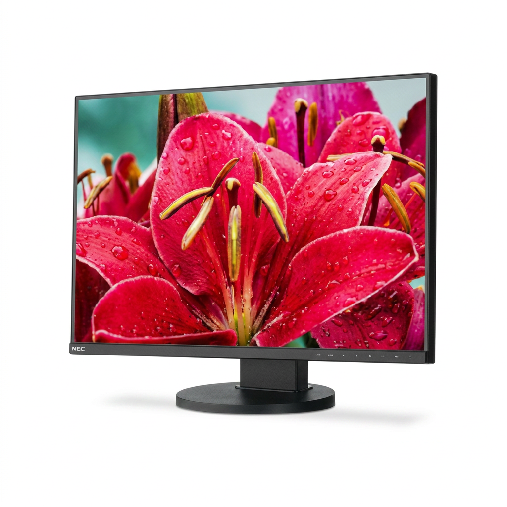 A high-resolution photograph of the black SHARP/NEC EA245WMI-BK 24" Widescreen Desktop Monitor. The monitor is centered on a seamless pure white background, with a subtle, clean shadow beneath the stand. The screen displays a vibrant close-up of a red lily flower against a green background. The NEC logo is on the bottom left bezel.