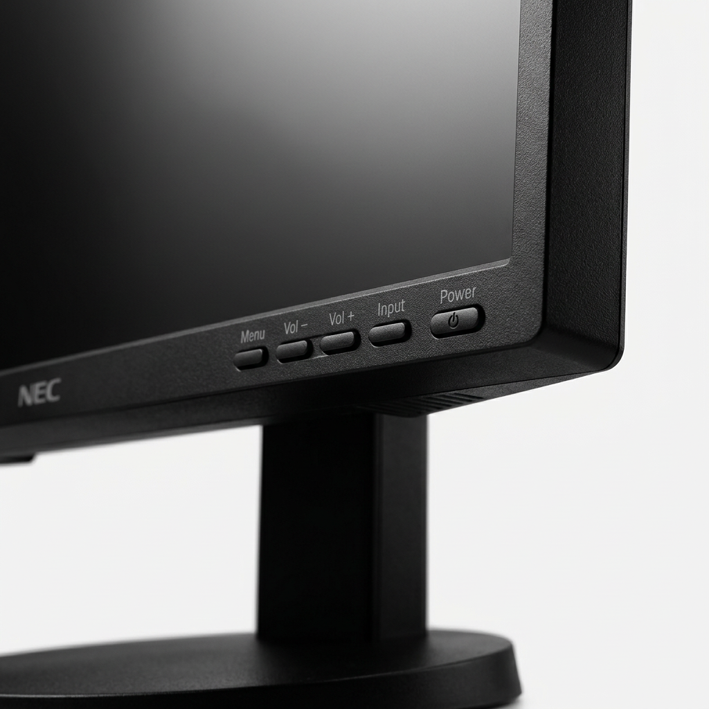 An extreme close-up view of the bottom right bezel of the black SHARP/NEC EA245WMI-BK monitor, showcasing the menu, volume, input, and power buttons, along with the NEC logo. The matte plastic texture is clear under premium studio lighting.