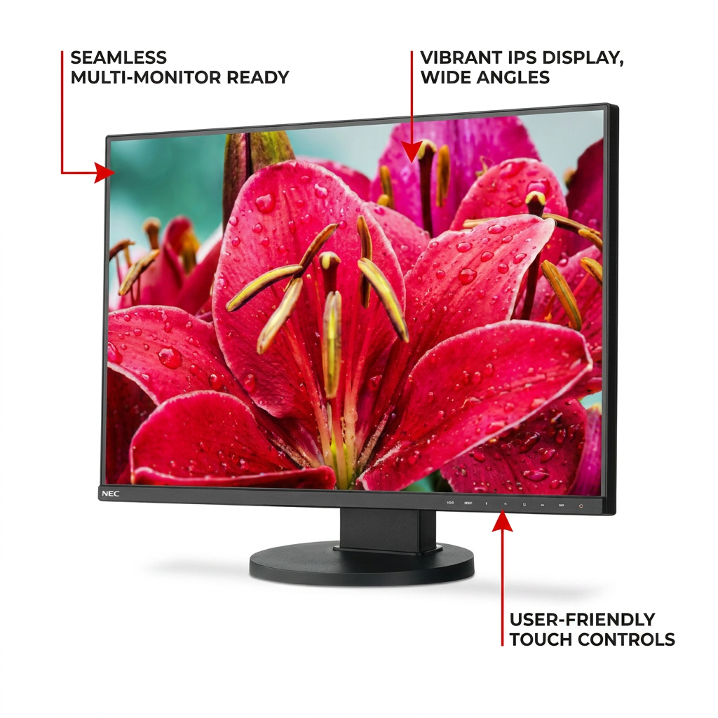 A SHARP/NEC EA245WMi-BK monitor with red callout lines pointing to its ultra-narrow bezel and IPS panel for "SEAMLESS MULTI-MONITOR READY" and "VIBRANT IPS DISPLAY, WIDE ANGLES," and a third line to its control area for "USER-FRIENDLY TOUCH CONTROLS."
