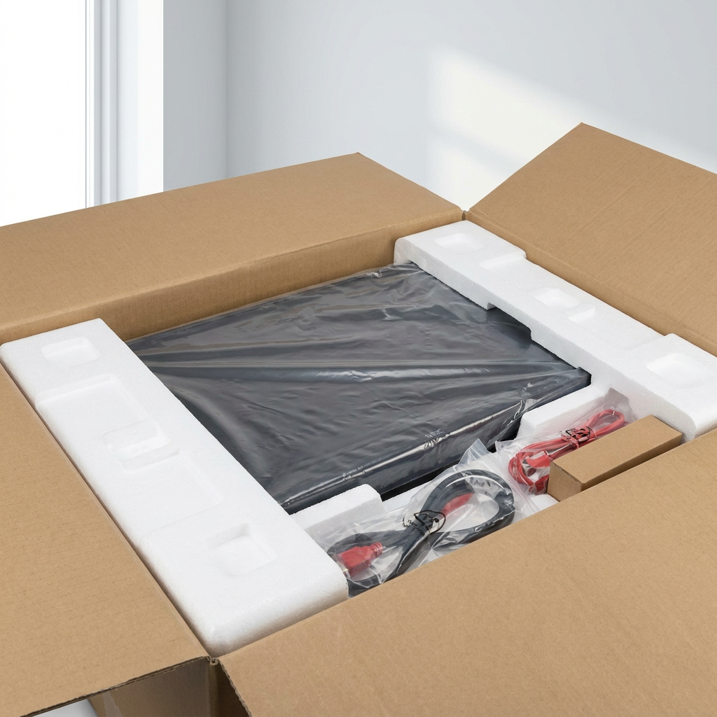 A view into the protective packaging of the SHARP/NEC EA245WMI-BK monitor, showing the screen in a plastic bag and cables.