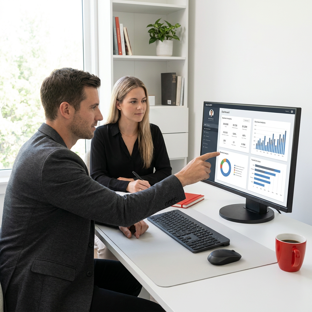 A lifestyle image for a Shopify product page, showing two professionals in a bright, modern office. They are looking at a Sharp 24-inch widescreen monitor (MPN: EA245WMI-BK) on a white desk, which displays data charts. The setting adheres to the brand guide with a white, black, and gray color scheme and a Sharp Red accent on a coffee mug.<ctrl46>