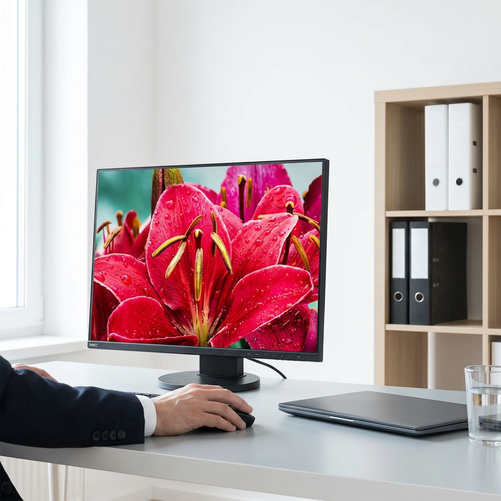 A professional person uses a mouse beside the Sharp 24-inch monitor in a bright office, illustrating its size and fit within a minimalist workspace.