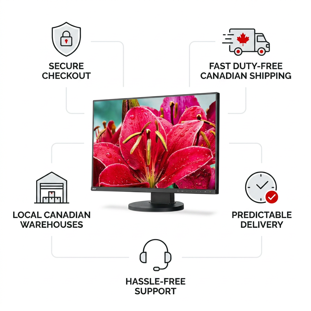An infographic featuring the SHARP/NEC EA245WMI-BK monitor, surrounded by five connected trust icons: "SECURE CHECKOUT", "FAST DUTY-FREE CANADIAN SHIPPING", "LOCAL CANADIAN WAREHOUSES", "PREDICTABLE DELIVERY", and "HASSLE-FREE SUPPORT".