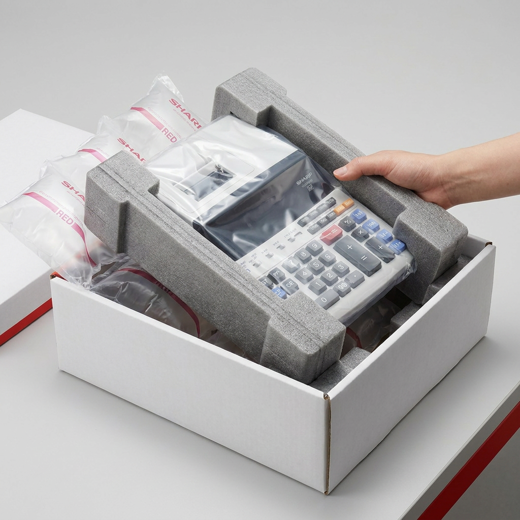 A hand lifts an SHARP EL2615PIII calculator, encased in protective foam and air pillows, from a white shipping box.
