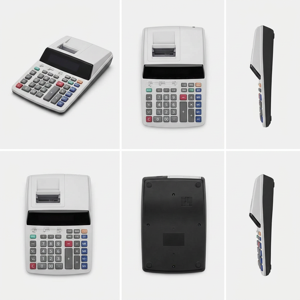 Isometric grid view of the Sharp EL2615PIII printing calculator, showing it from various angles including top, front, side, and back, on a minimalist light gray and white background.