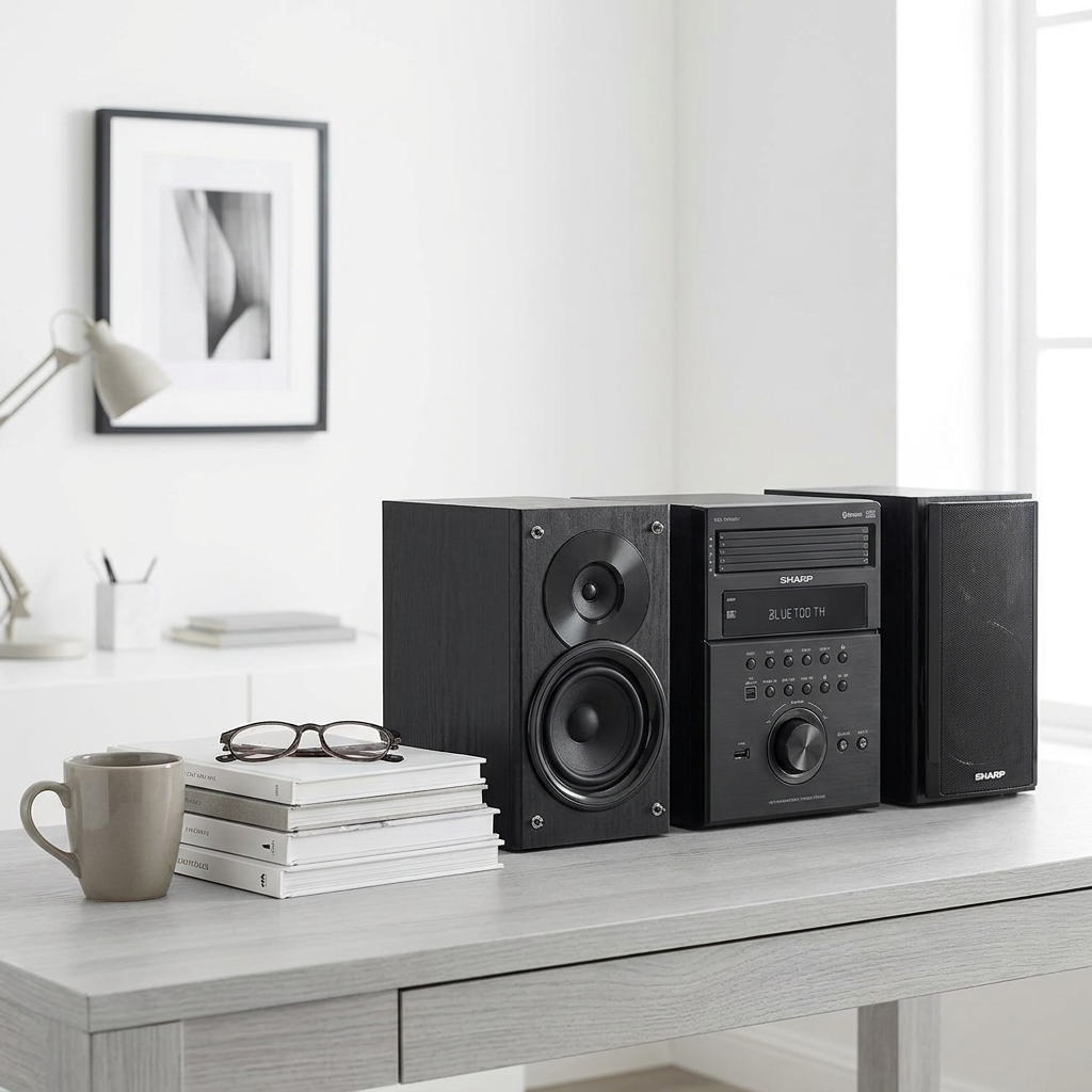 A lifestyle photograph showing the black Sharp XL-BH250 speaker system on a light gray desk， used as a scale reference next to a stack of books and a coffee mug.