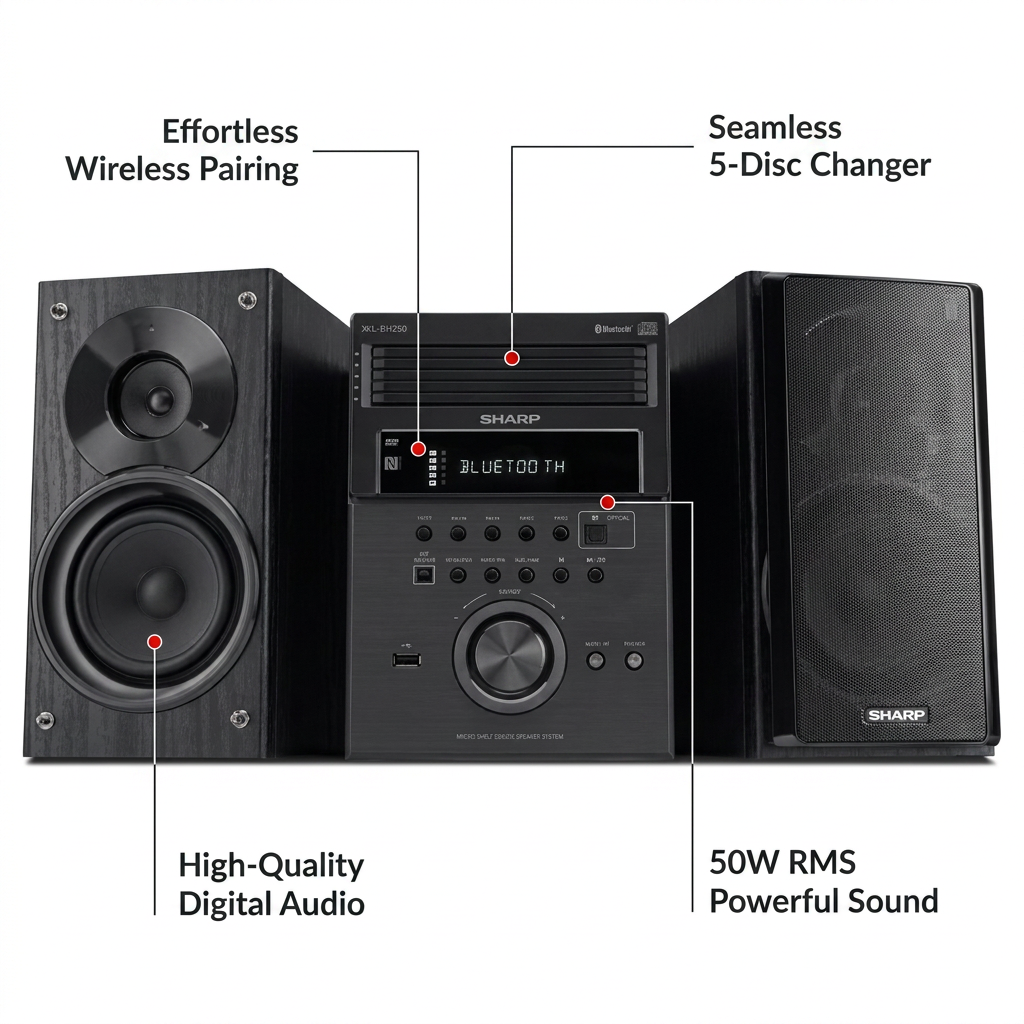 A feature callout graphic for the Sharp XL-BH250 Micro Shelf System, highlighting key operational features. Four pointer lines with red accents indicate the main unit's NFC/Bluetooth area for "Effortless Wireless Pairing," the 5-disc changer slot for "Seamless 5-Disc Changer," a speaker driver for "High-Quality Digital Audio," and another speaker for "50W RMS Powerful Sound." The text is black, clean, and legible on a white background.
