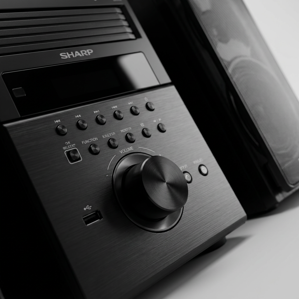 Extreme close-up of the Sharp XL-BH250 control panel, showing the brushed metal texture, knobs, and buttons.