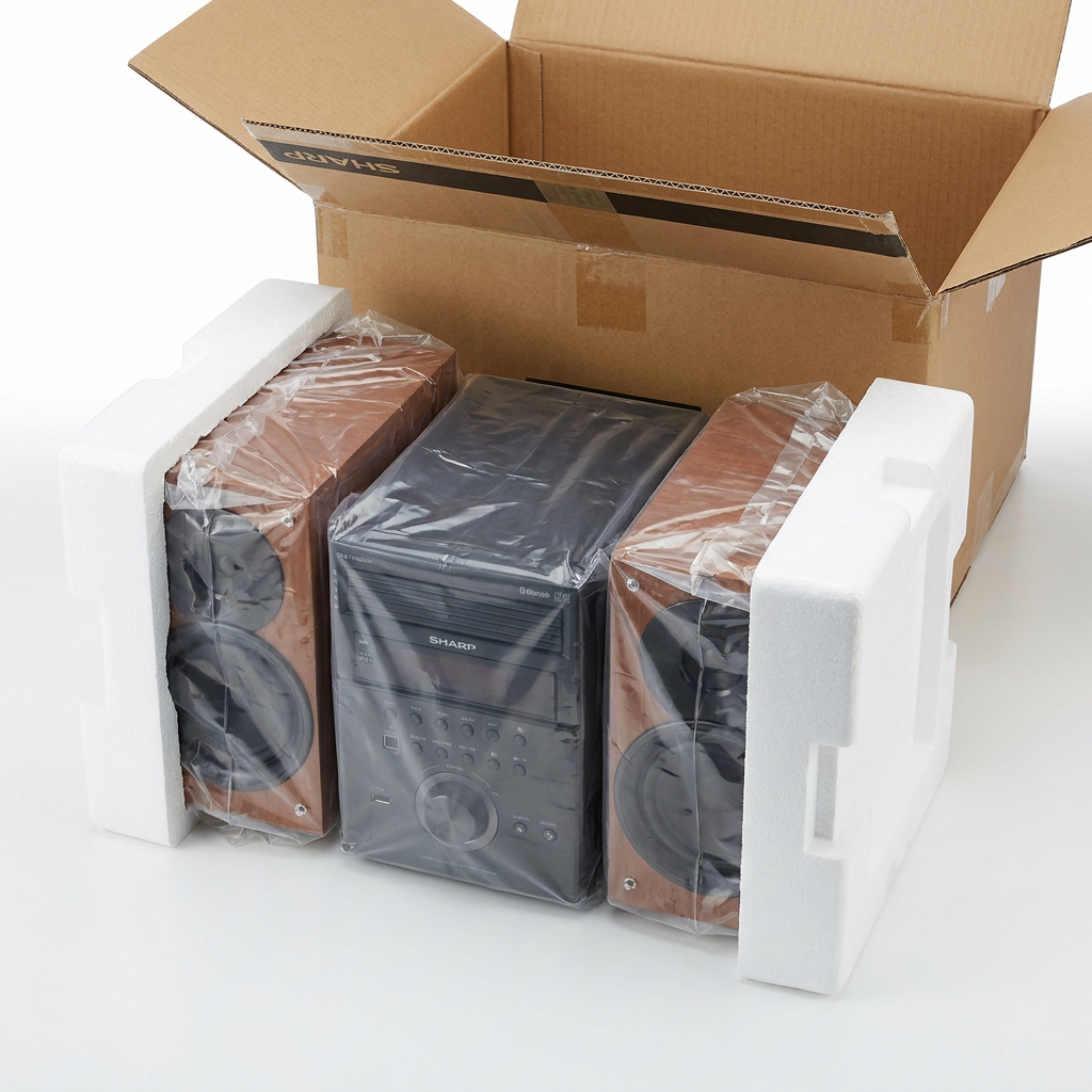 A product photo showing the Sharp XL-BH250 Micro Shelf System main unit and two speakers in secure, white styrofoam and clear plastic packaging inside an open brown shipping box.