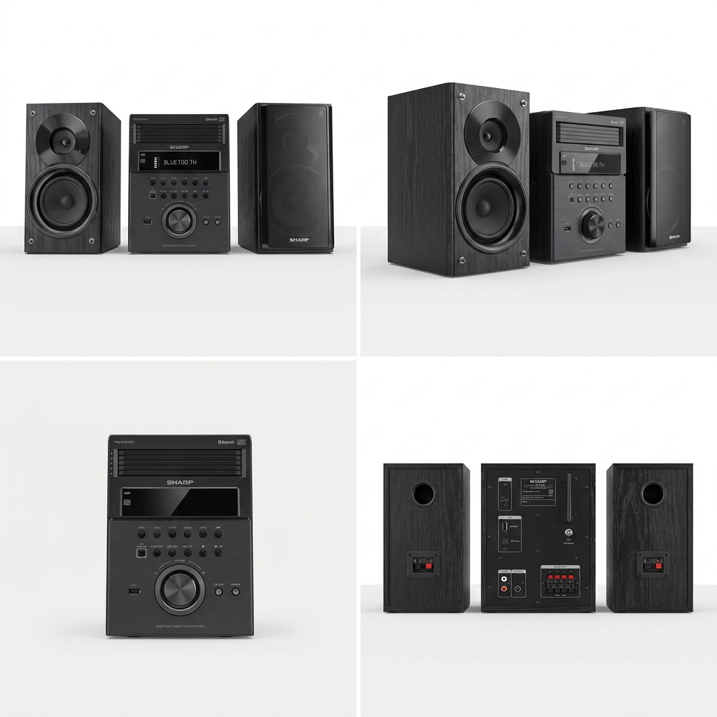 A four-panel grid showing the Sharp XL-BH250 micro shelf system from multiple angles on a clean gray and white background. Top-left is a front view, top-right is an angled view, bottom-left is a close-up of the control panel, and bottom-right shows the rear connections.
