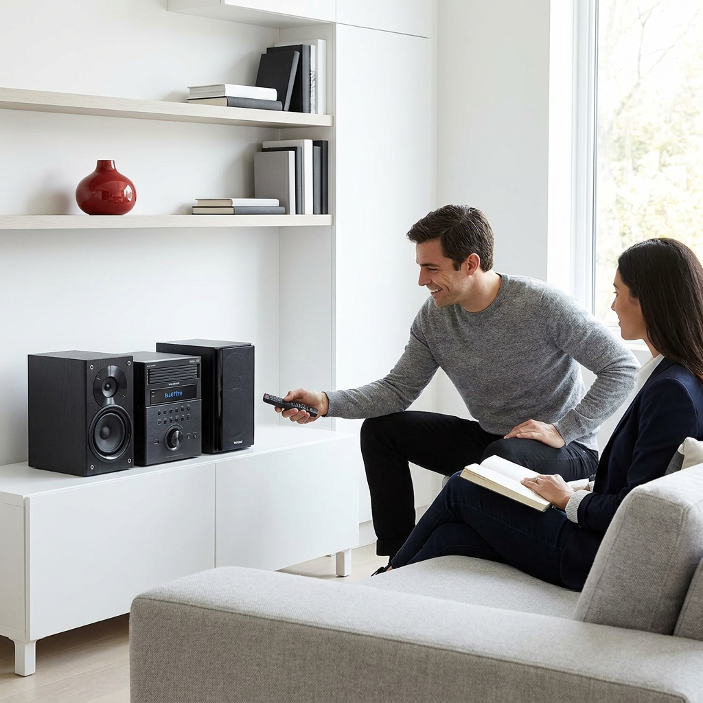 A man and woman in a modern, white-and-gray living room use a remote to control the black Sharp micro shelf executive speaker system on a media console. The scene is naturally lit and includes a red accent vase.