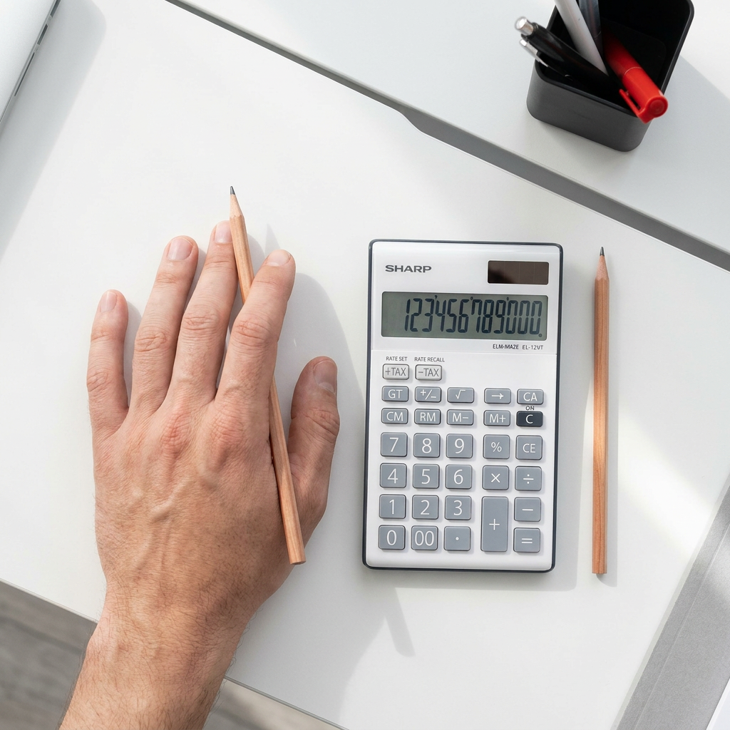 A top-down photograph shows the Sharp EL124TGY calculator next to a human hand holding a pencil on a minimalist white desk, demonstrating its size. Another pencil and a pen holder are also in frame.