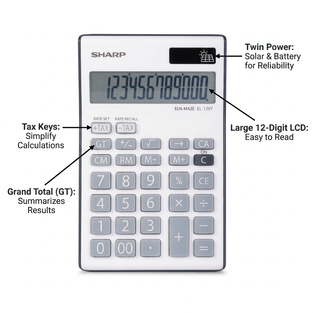 A white Sharp EL-124TGY calculator is centrally placed on a white background, with four black pointer lines extending to feature callouts.