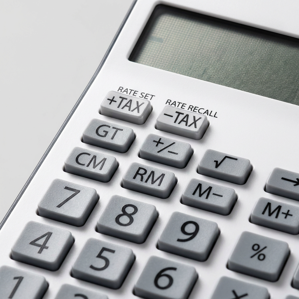 A detailed macro shot of a Sharp EL124TGY calculator's key buttons and solar display panel. The image highlights the textured grey keys, clear white plastic body, and precise black print, all under professional, clean lighting that emphasizes quality.