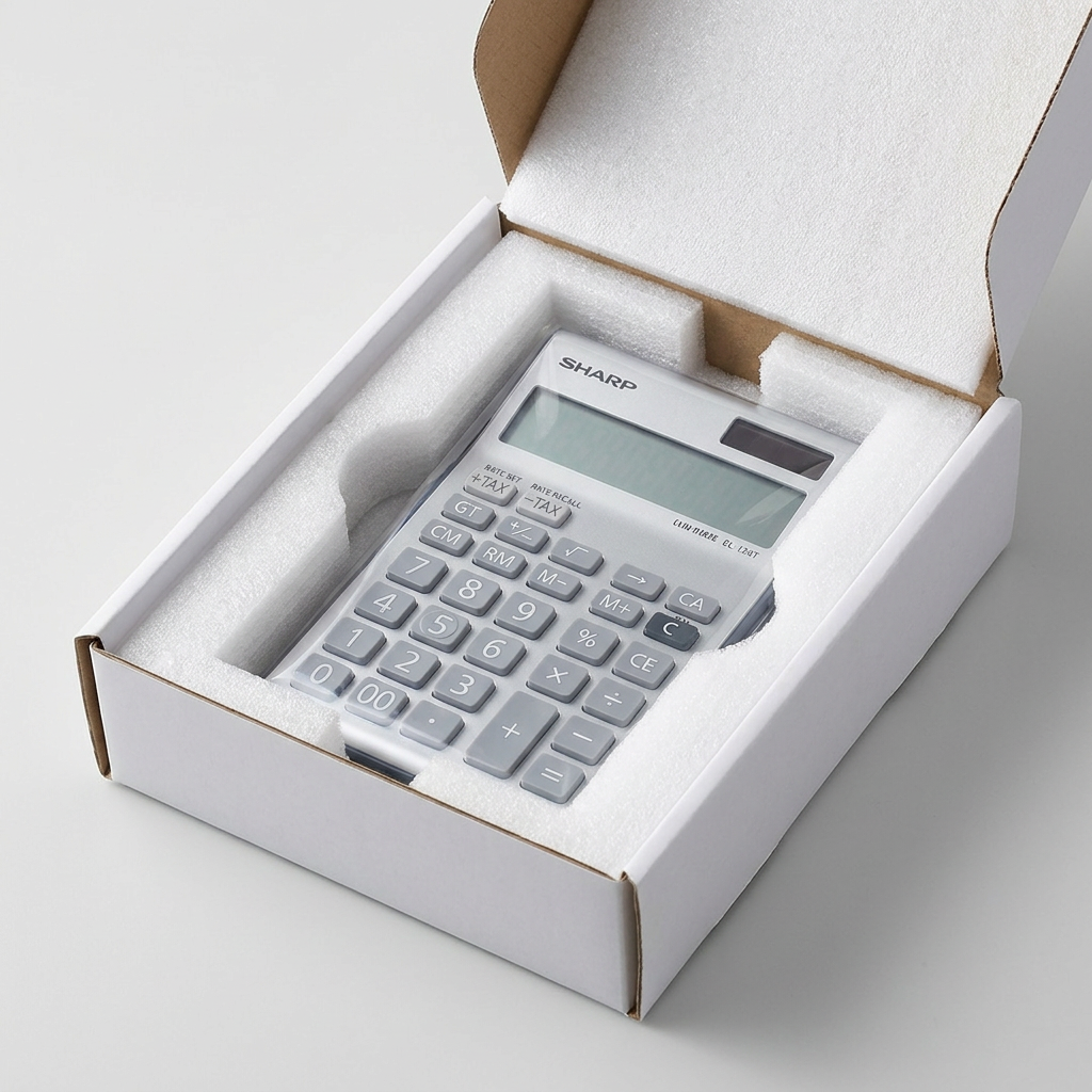 A top-down photograph captures the white Sharp EL124TGY calculator from the reference image safely nestled inside a fitted foam insert within a cardboard shipping box, the lid of which is partially open.
