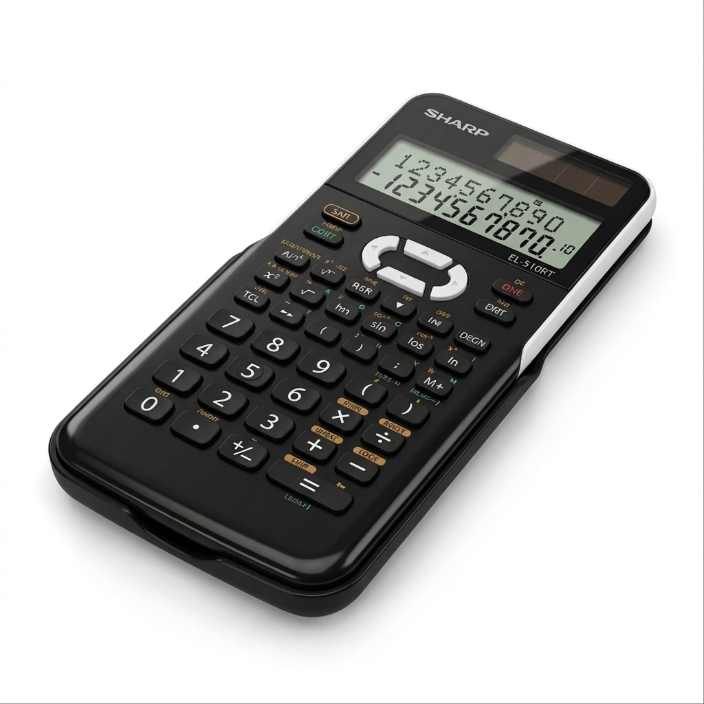 A hero shot of the black SHARP EL510RT scientific calculator with a large 10+1 display, featuring all specified buttons and markings against a pure white background.