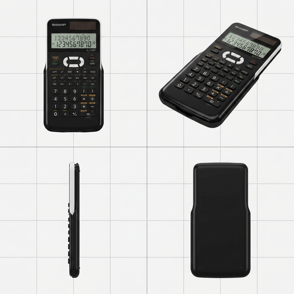 A 2x2 grid view of the black SHARP EL510RT calculator, showing front, side, angled, and back perspectives. The images are set on a white and light gray gridded background, highlighting the product from multiple angles without text or logos.
