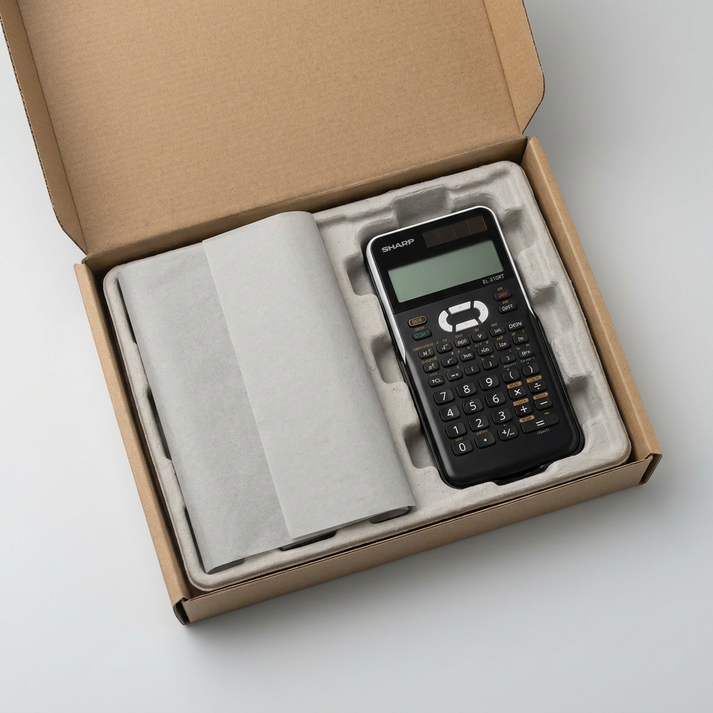 A top-down view inside an open cardboard box shows the SHARP EL510RT scientific calculator perfectly seated in a custom-molded pulp tray. Next to it, wrapped in grey tissue paper, is its accessory. The minimalist, eco-friendly packaging emphasizes protection and premium simplicity against a plain white background.