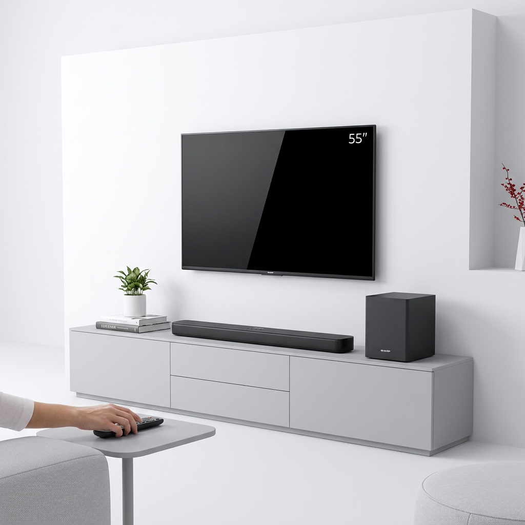 A person with a remote control looks at a wall-mounted 55-inch TV. Below it, the black Sharp soundbar and wireless subwoofer are placed on a minimalist gray media console against a white wall.