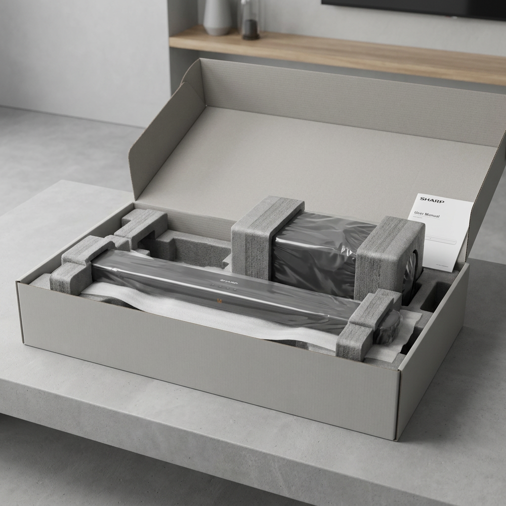 A detailed unboxing photograph shows the Sharp HT-SBW192 sound bar and subwoofer securely packed in a neutral cardboard box with molded protective foam, reflecting a safe delivery. The scene is minimalist and clean, aligning with the brand's aesthetic and focusing on product safety.