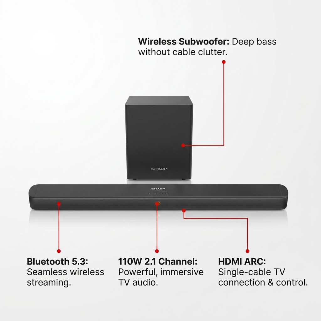 SHARP HT-SBW192 soundbar with wireless subwoofer, highlighting key features and benefits like Bluetooth 5.3, 110W 2.1-cylinder audio, HDMI ARC, and wireless subwoofer capabilities.