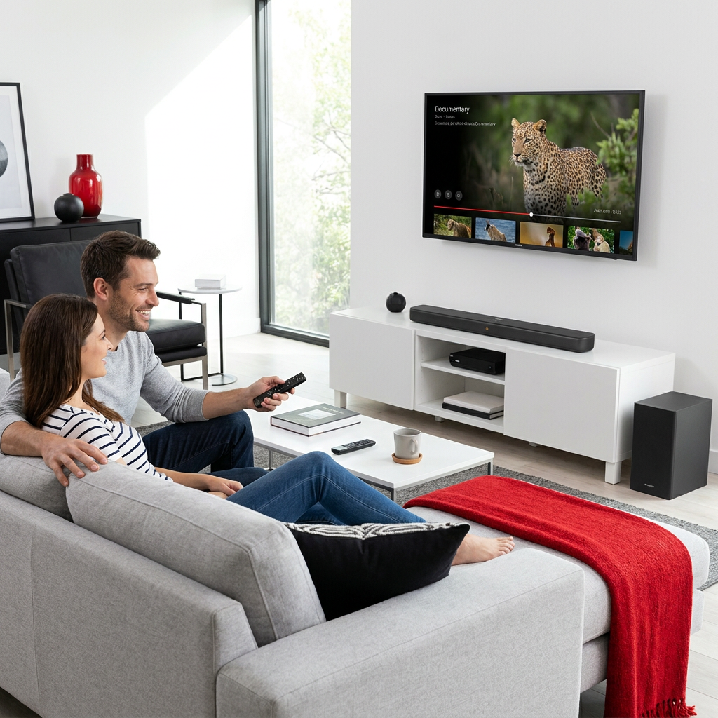 A couple relaxes on a gray sofa, watching a TV paired with the Sharp HT-SBW192 soundbar and subwoofer. The modern living room is decorated in white, black, and gray, with subtle red accents. Natural light comes from a large window.