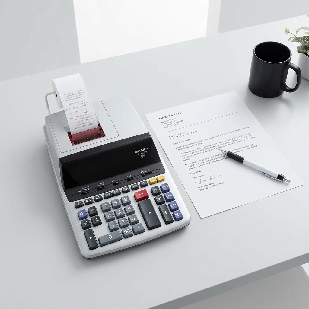 A top-down photo showing the Sharp EL2630PIII calculator in a modern office setting, placed beside a standard letter-sized paper and pen for scale.