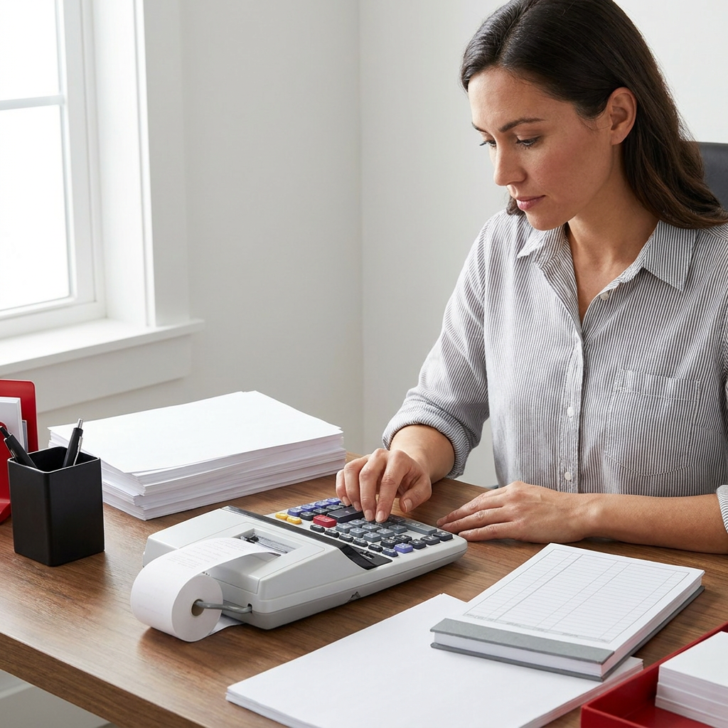 A woman works at a clean home office desk, using the Sharp EL2630PIII calculator with paper tape, surrounded by documents and supplies in red, white, and black.