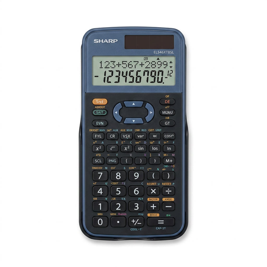 A high-resolution photograph of the Sharp EL546XTBSL scientific calculator on a pure white background, showing its blue and black multi-line display and all buttons.