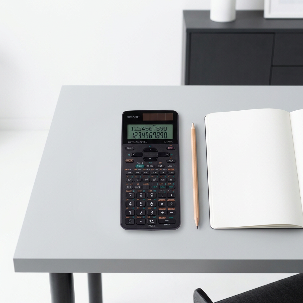 A top-down photo showing the SHARP EL546XTBSL scientific calculator on a gray desk, positioned next to a standard pencil and a notebook for scale.