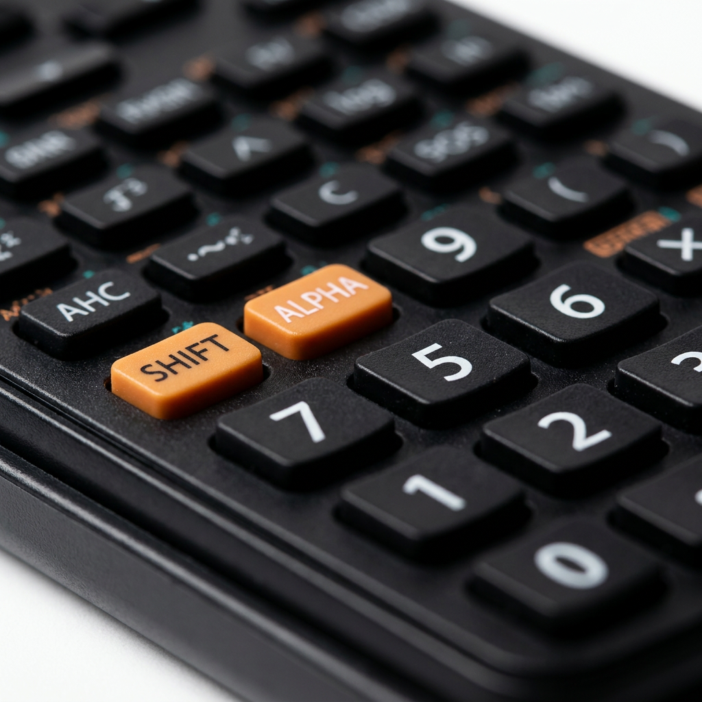 Extreme close-up view of the textured black and orange buttons on the keypad of the Sharp EL546XTBSL scientific calculator under premium lighting.