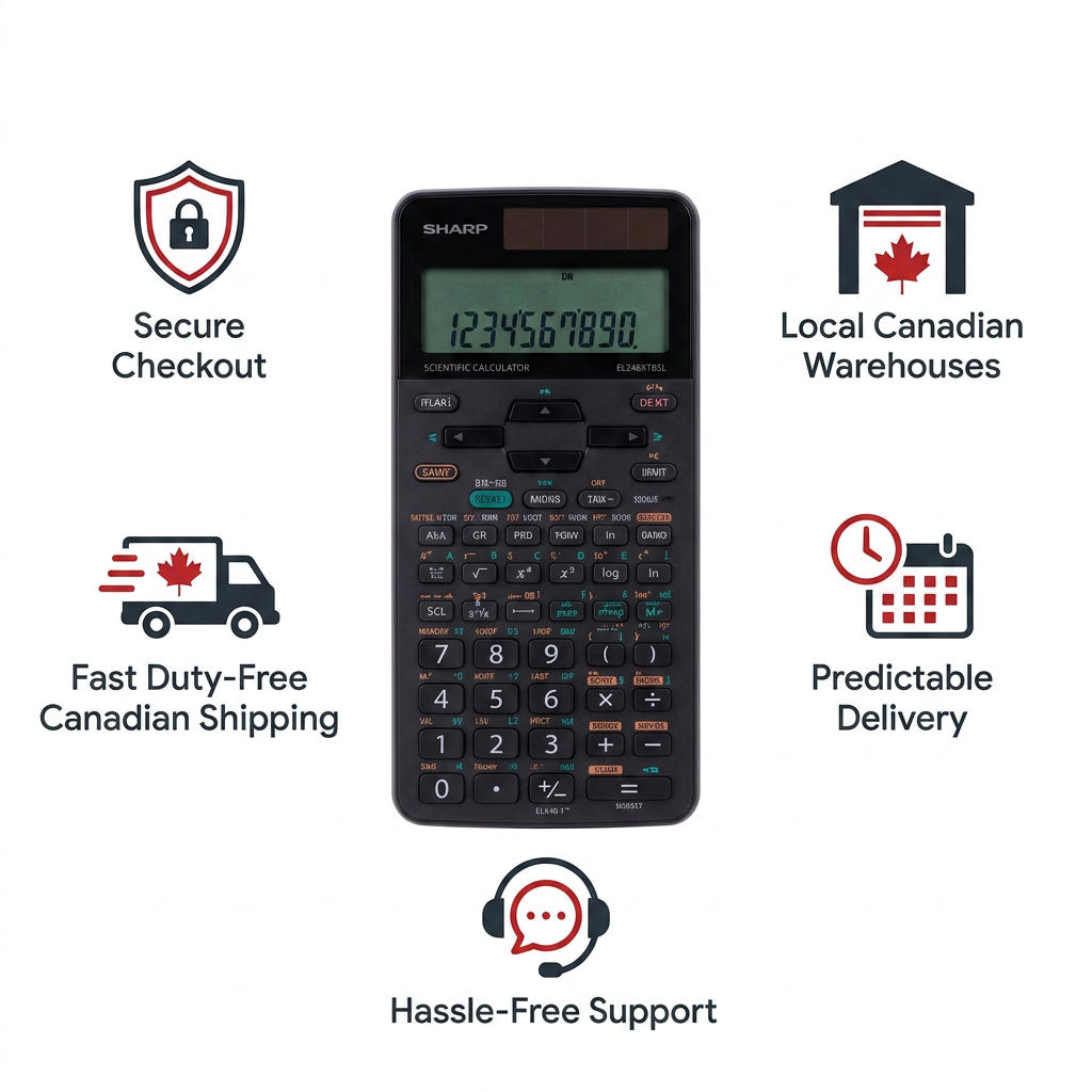 A clean ecommerce trust graphic featuring the SHARP EL546XTBSL calculator. Surrounding the product are five icons and labels in black and red: Secure Checkout, Local Canadian Warehouses, Fast Duty-Free Canadian Shipping, Predictable Delivery, and Hassle-Free Support.