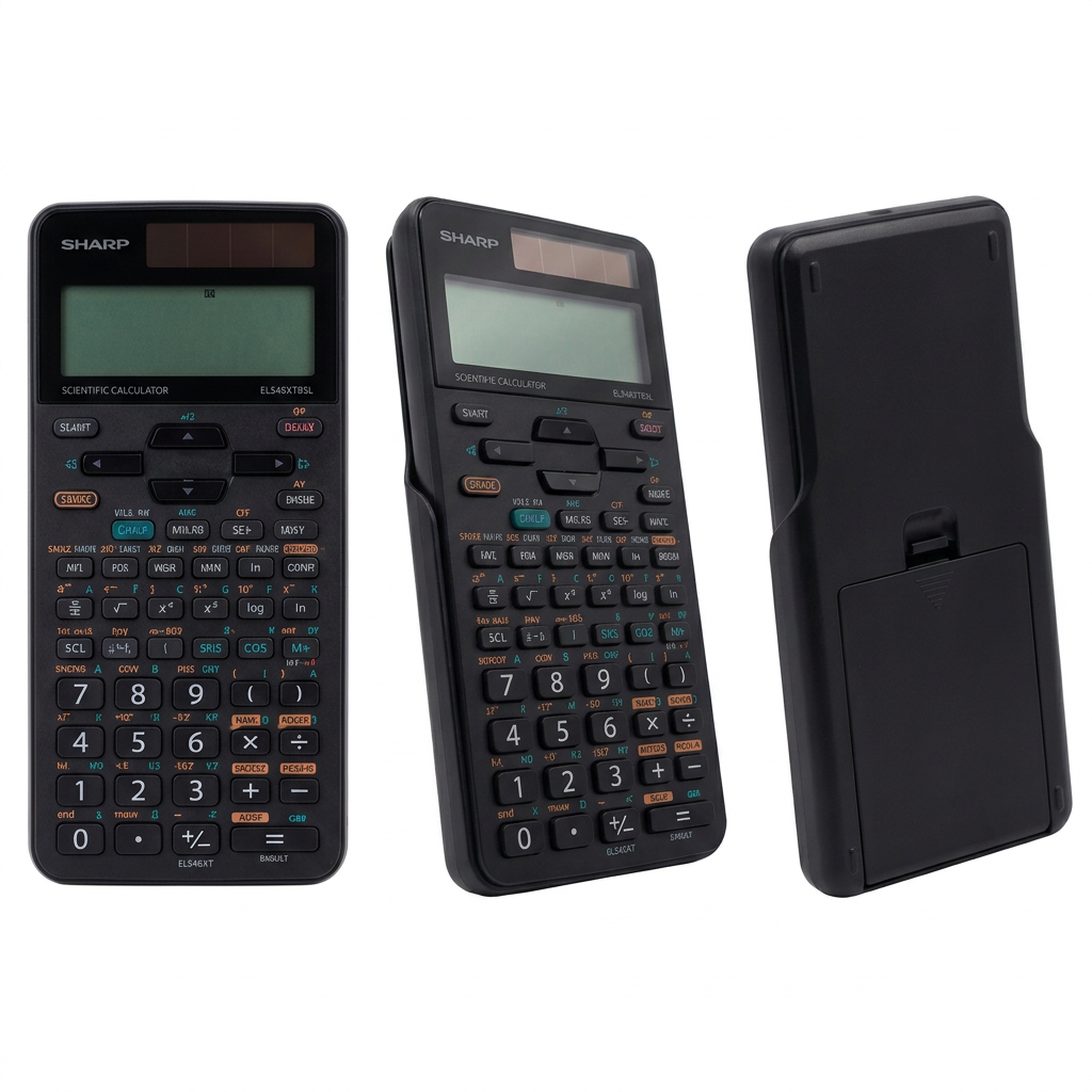 A three-panel visual matrix showing the black SHARP EL546XTBSL scientific calculator from a front view, an angled front view, and a rear view on a clean white background.