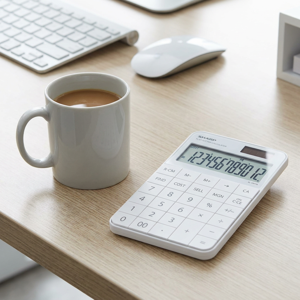 A photograph of the Sharp EL-VM73WH 12-digit flat keytop calculator on a light wood desk, positioned next to a standard white ceramic coffee mug to provide a sense of scale.