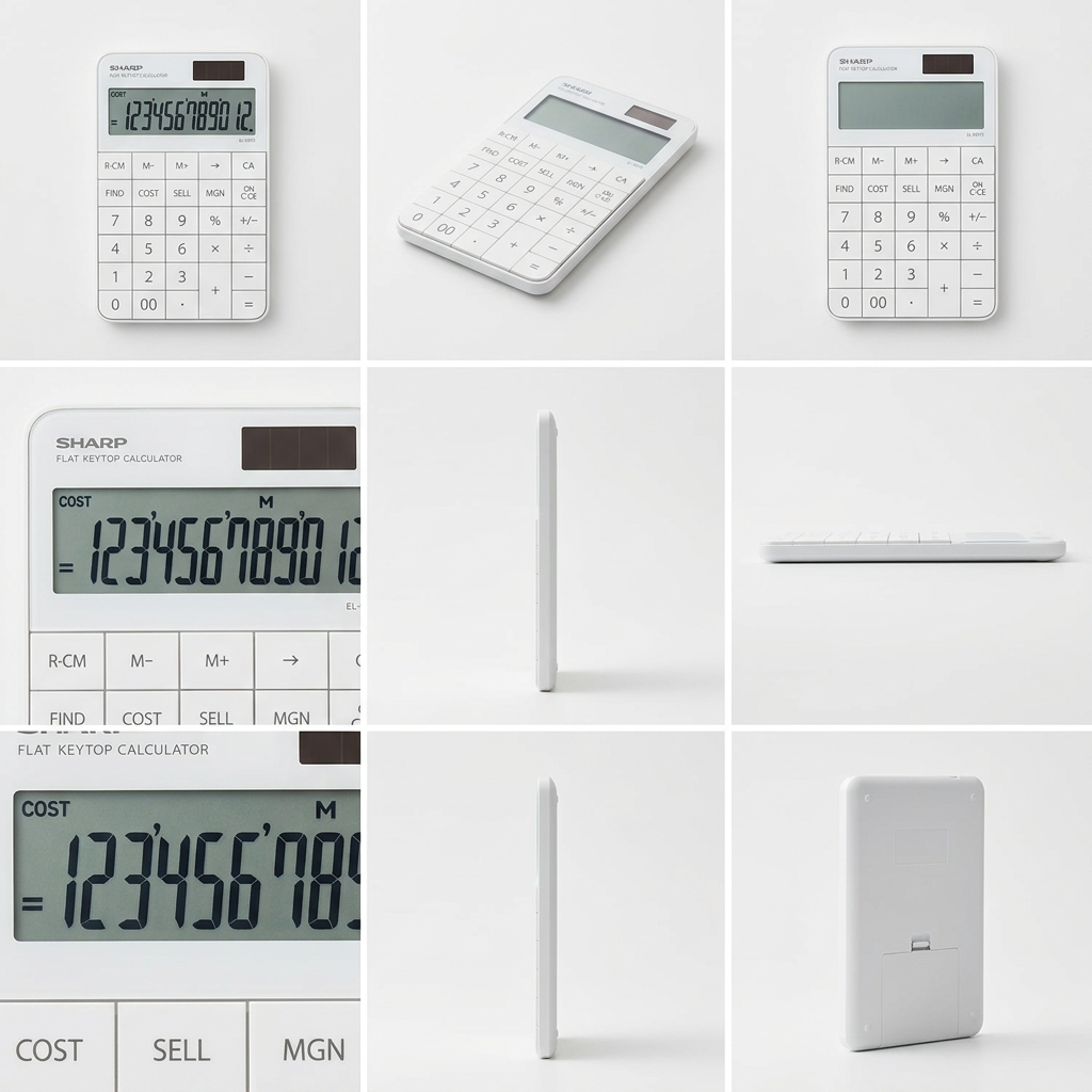 A 3x3 grid image showing the SHARP EL-VM73WH calculator from multiple angles: front, angled, top-down, side profile, close-ups of the display and cost/sell/margin keys, and the back, presented against a clean white background in a minimalist style.