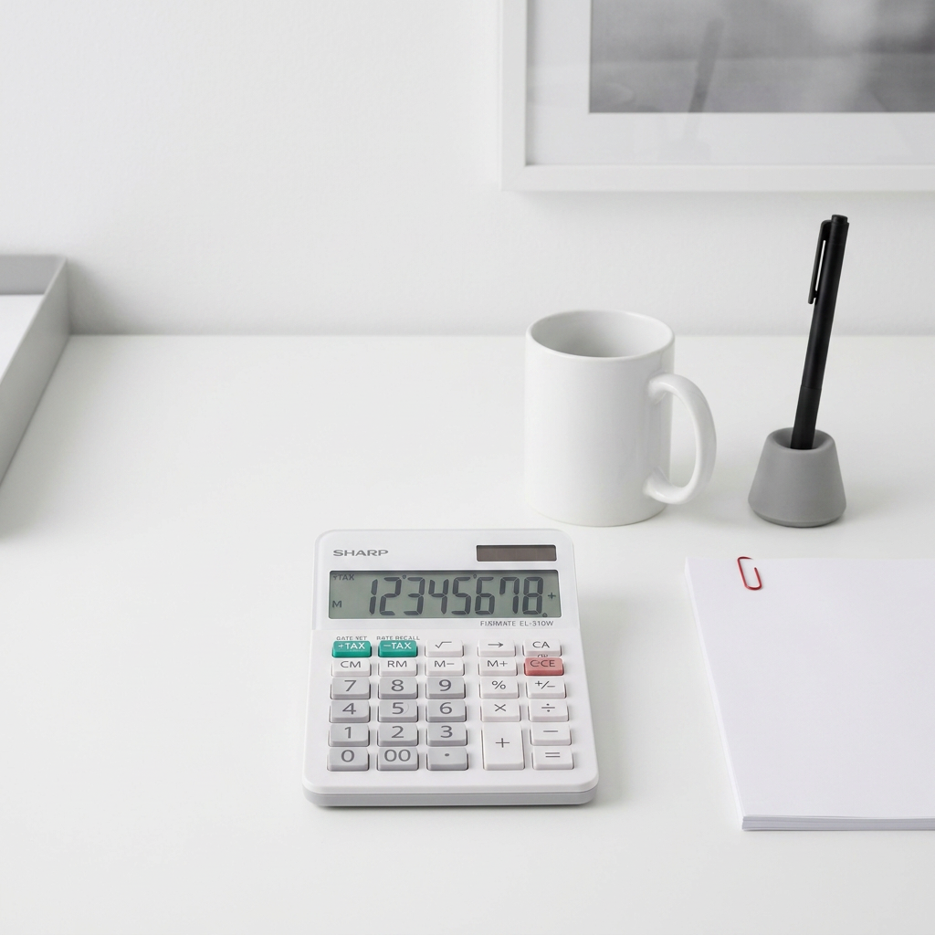A white Sharp EL310W 8-digit calculator on a minimalist desk. It is next to a white ceramic mug, a pen, and a notepad, showing its compact size.