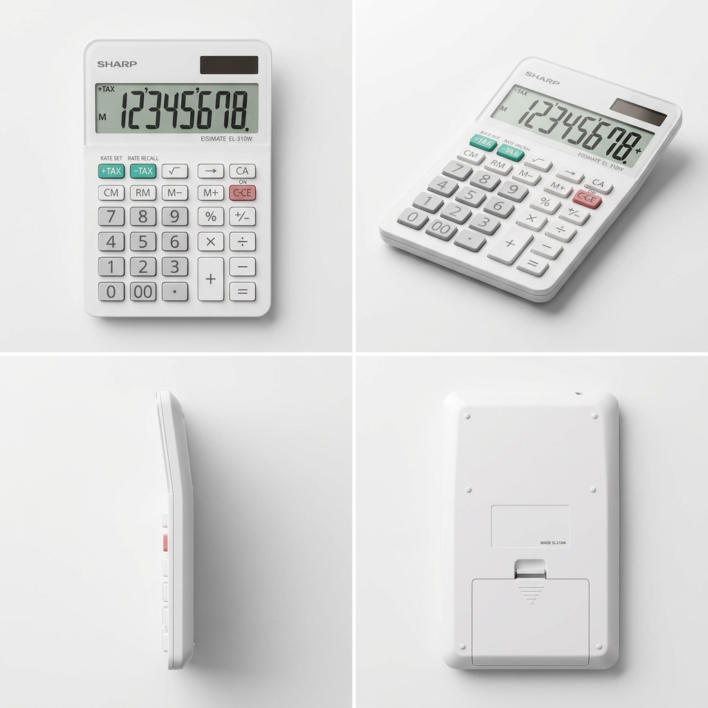 A four-panel grid image showing the white Sharp EL310W calculator from multiple angles, including a top-down view, a three-quarter angle, a side profile, and a back view, all against a clean white and light gray background.