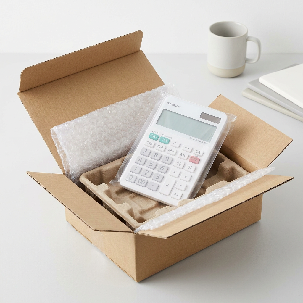A top-down view of the Sharp EL310W calculator. The product is securely placed in a protective pulp insert within a sturdy cardboard shipping box, accompanied by bubble wrap, instilling confidence in its safe delivery. The background is a clean, minimalist home office.