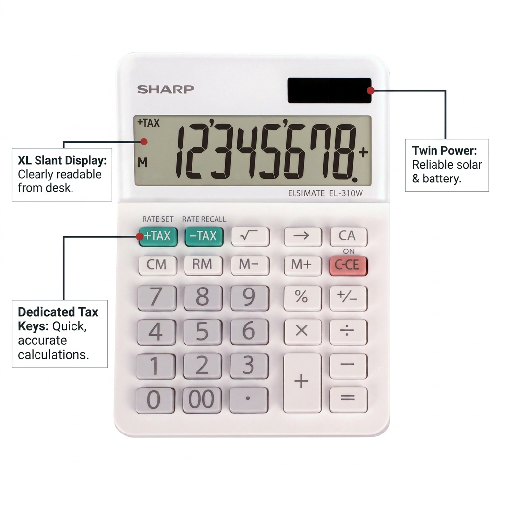 The Sharp EL310W calculator is shown with three operational feature callouts: 'XL Slant Display: Clearly readable from desk,' 'Dedicated Tax Keys: Quick, accurate calculations,' and 'Twin Power: Reliable solar & battery.' The callout lines and text are in the dark charcoal brand color with a red accent.