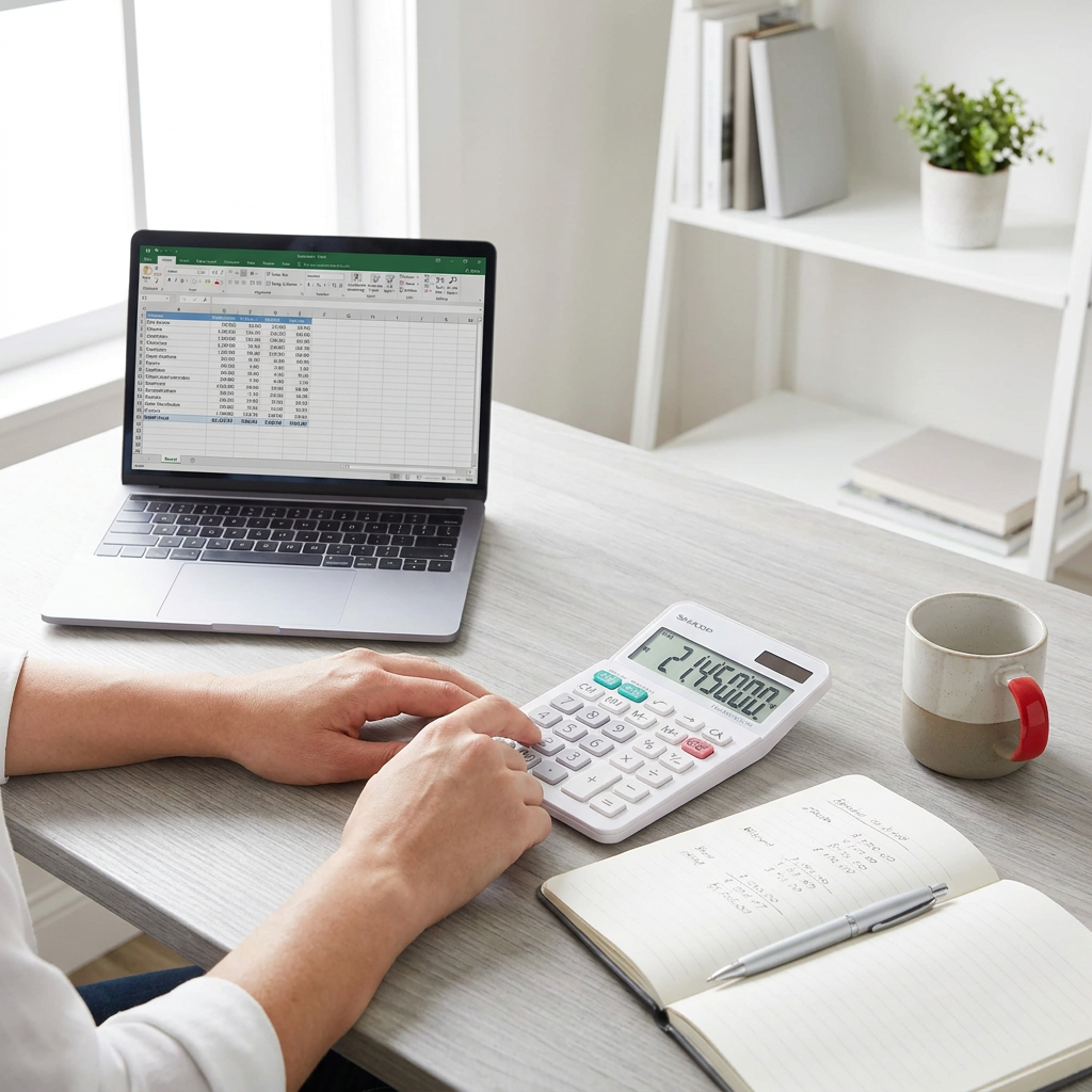 A person is using the Sharp EL310W calculator on a desk with a laptop, notebook, and coffee, showing a lifestyle context.