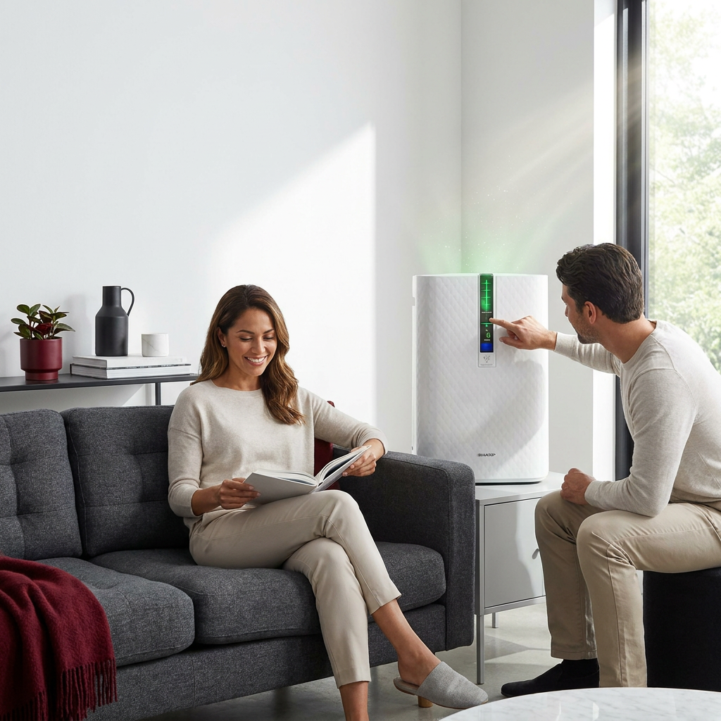 A lifestyle photograph of a couple in a modern living room with the Sharp KC850U air purifier. A woman reads on a grey sofa while a man adjusts the purifier, which is next to a window. The scene is bathed in natural light, and the decor features the Sharp brand colors of white, black, grey, and red.