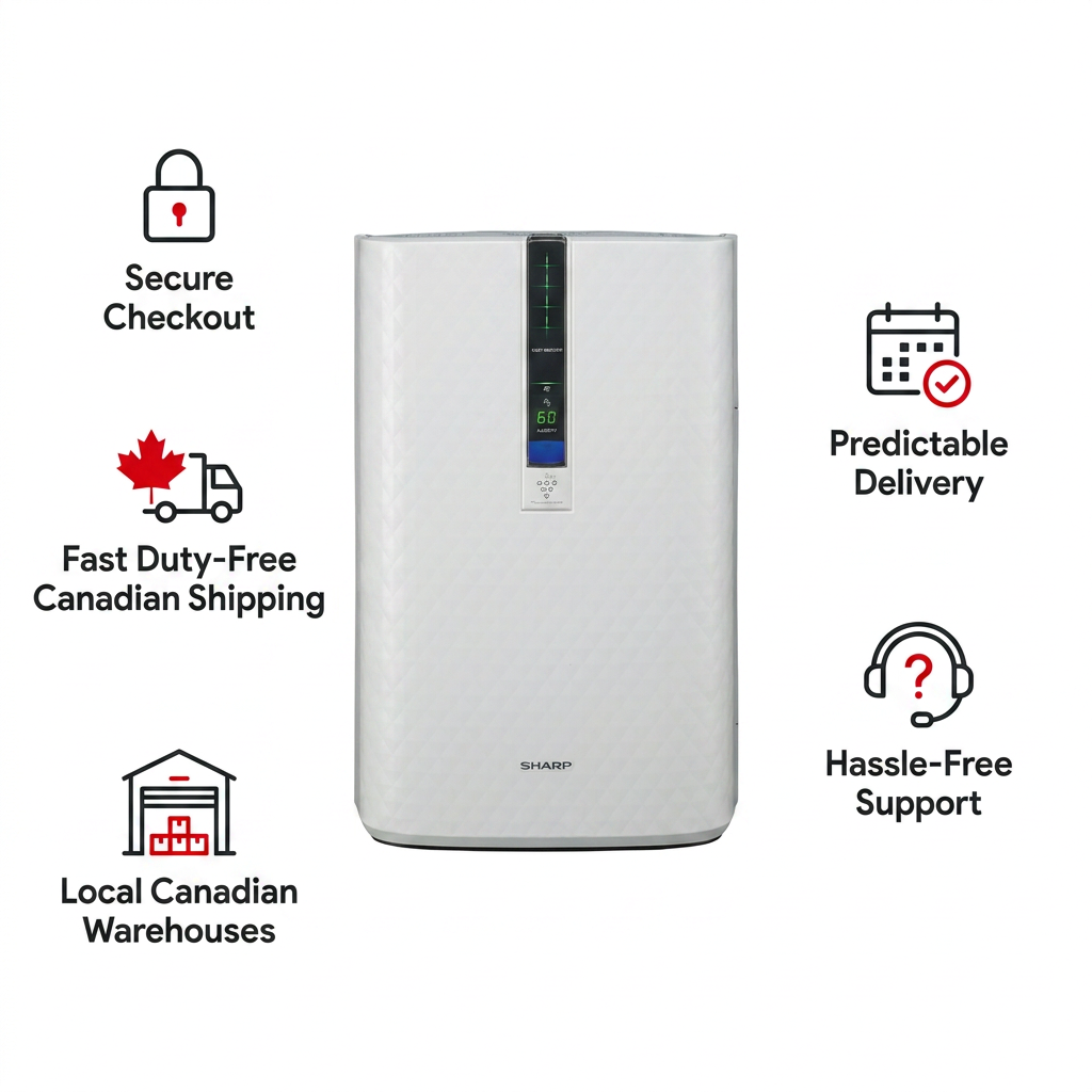 A clean, well-lit infographic featuring the white Sharp KC850U Air Purifier. Five trust cues with simple icons and black text, accented with Sharp Red, surround the unit: Secure Checkout, Fast Duty-Free Canadian Shipping, Local Canadian Warehouses, Predictable Delivery, and Hassle-Free Support. The background is pure white.