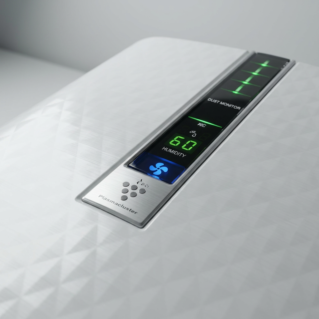Close-up view of the Sharp KC850U air purifier's illuminated top control panel, displaying humidity and dust monitor indicators.