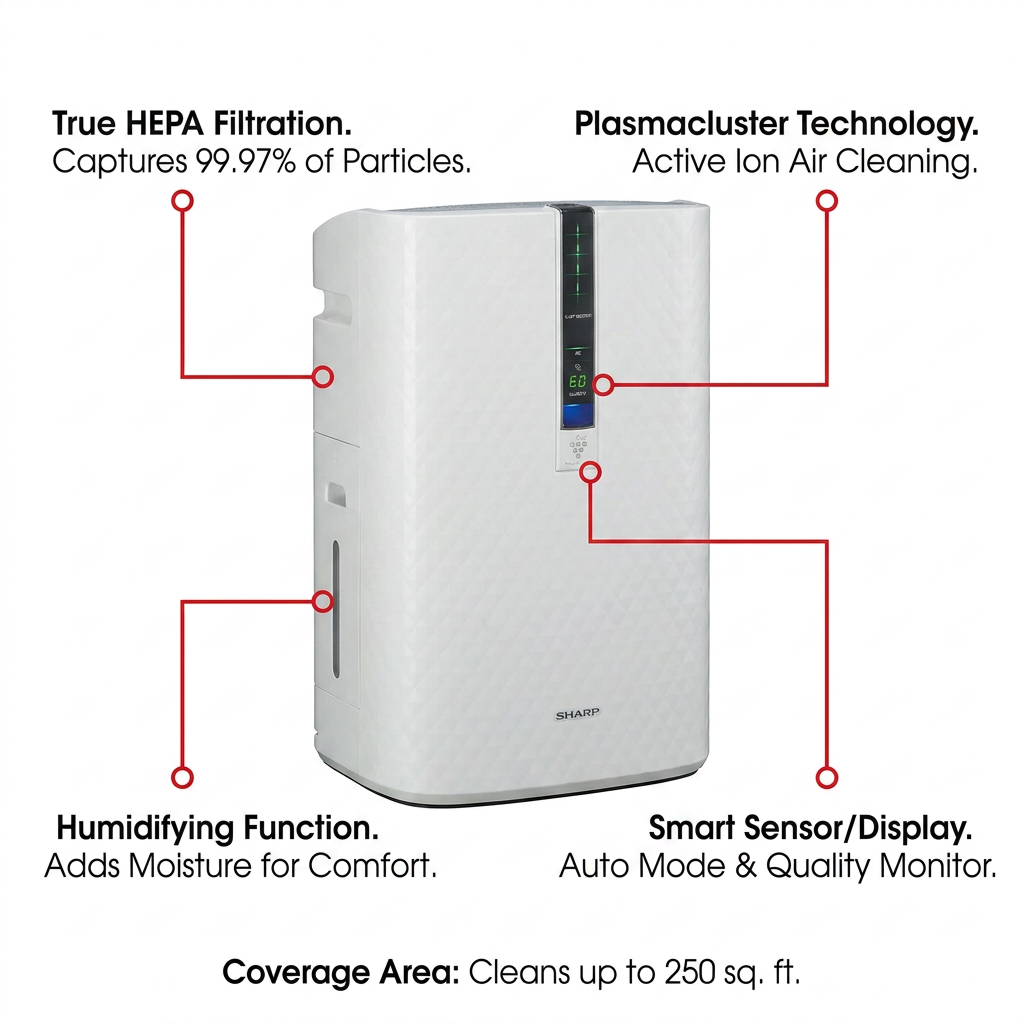 A white background image of the Sharp KC850U Air Purifier & Humidifier with five red pointer lines and black text overlay callouts highlighting its True HEPA Filtration, Plasmacluster Technology, Humidifying Function, Smart Sensor/Display, and 250 sq. ft. Coverage Area.