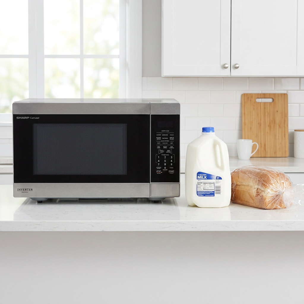 A photograph of the SHARP SMC2264KSC countertop microwave oven in a bright kitchen. It is placed on a white quartz counter next to a standard 1-gallon milk jug and a loaf of bread for scale reference.