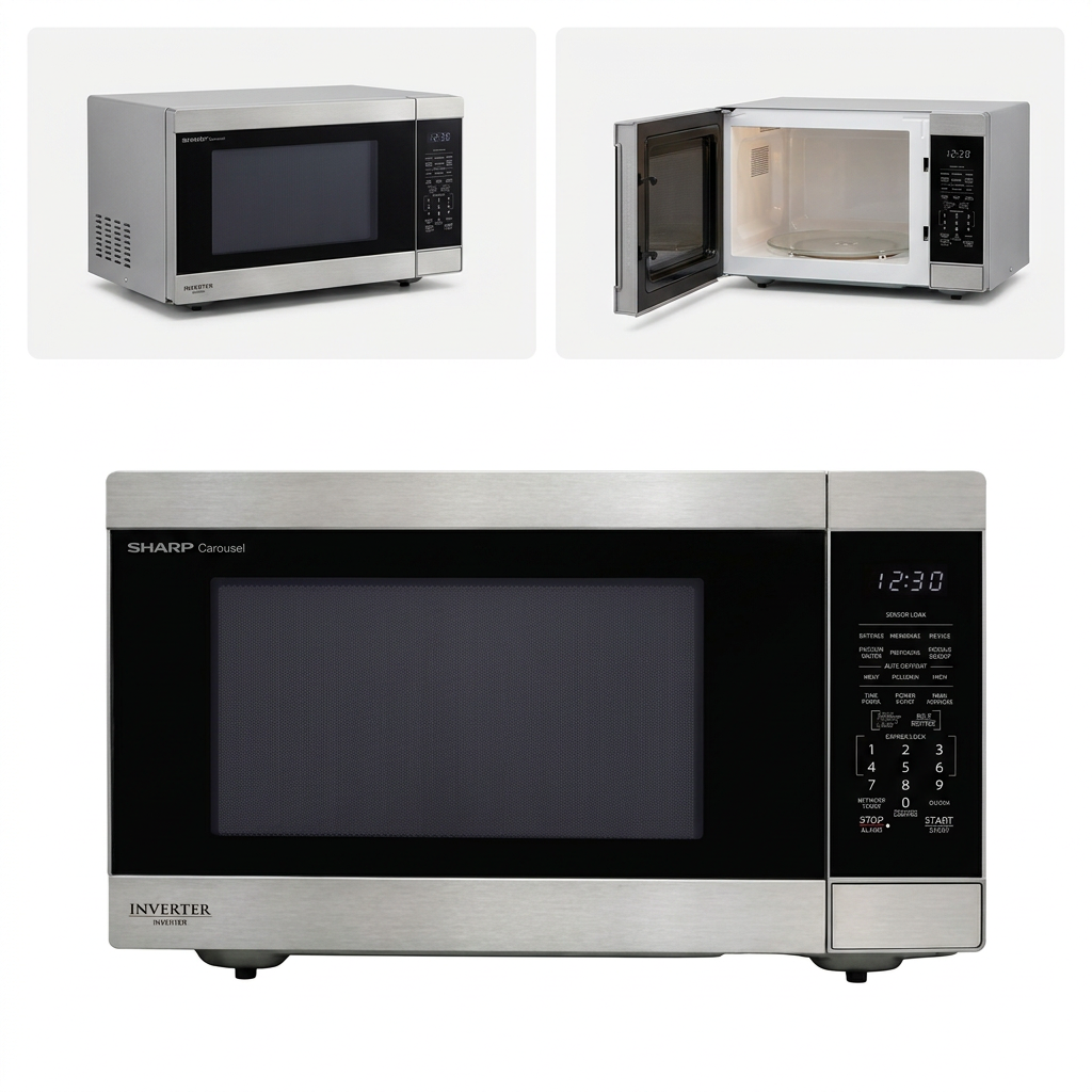 A multi-angle product matrix of the Sharp SMC2264KSC microwave in a clean studio setting.