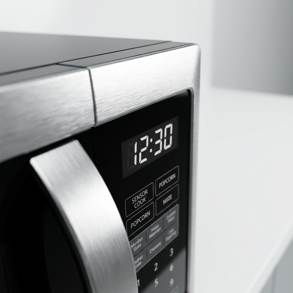 A close-up photograph of the brushed stainless steel handle and digital display of the SHARP SMC2264KSC microwave without packaging.