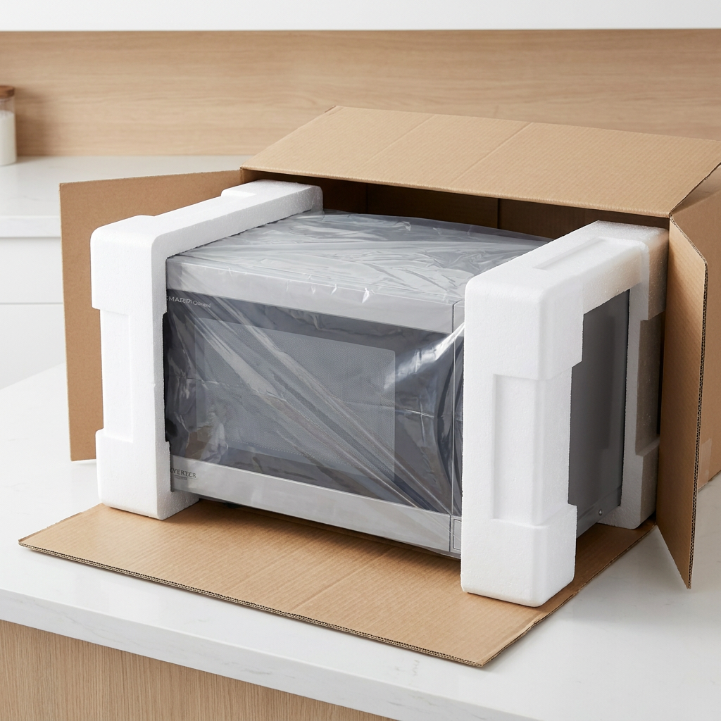 The Sharp SMC2264KSC microwave oven is securely packaged in a sturdy cardboard box with thick white foam inserts and a plastic covering, ensuring safe delivery.
